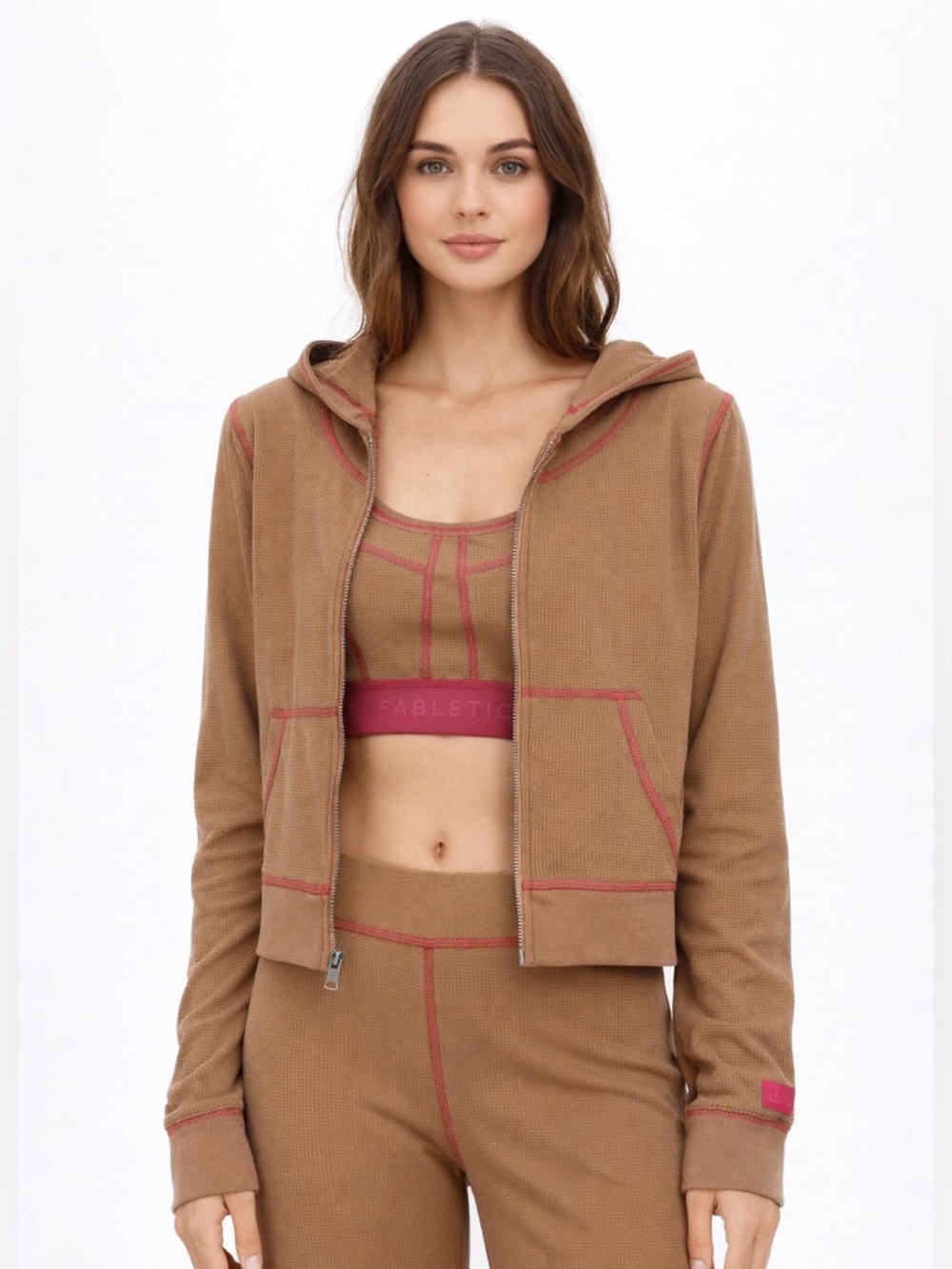 Fabletics Waffle Knit Hoodie Sports Bra Set XS Brown Pink